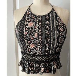 BOHO CROP TOP HALTER IN BLACK/CREAM PAISLEY/GEOMETRIC/FLORAL PRINT - BOBBI ROCCO